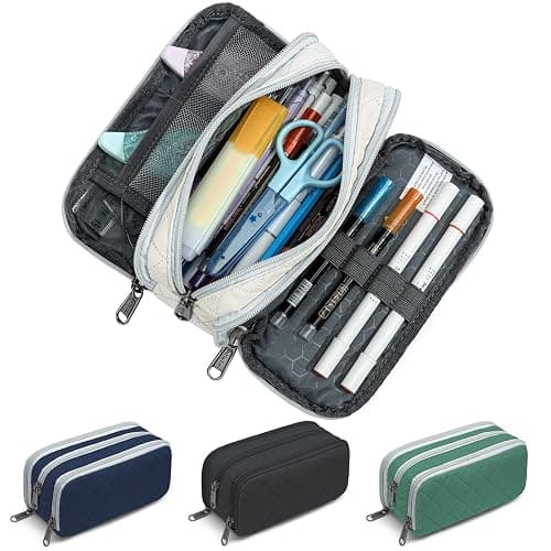 Della Gao Large Pencil Case, Big Capacity Pencil Pouch with 3 Compartments, Office Pencil Bag with Zipper, Big Pen Case for Adults (Beige-03RH) - Image 1
