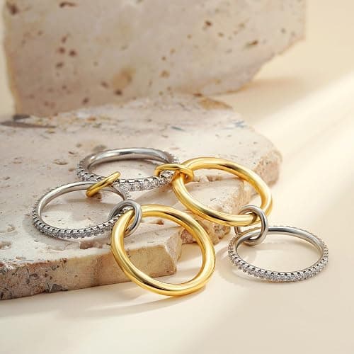 Decholly Gold Stackable Rings for Women, 18K Gold Plated Cubic Zirconia Rings Spinelli Silver Gold Multi Ring Mixed Metals Stackable Ring Set for Women Non Tarnish thumbnail 6