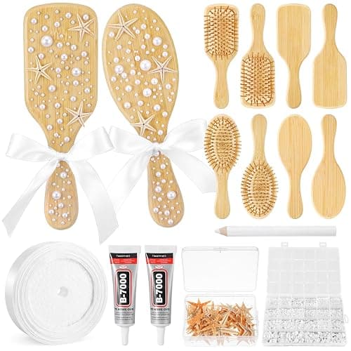 Acellegic 12 Set DIY Wooden Hairbrush Kits Bulk Bamboo Pearl Starfish Crafts for Hair Brush Make Your Own Hand Stick Night Party Gift Wedding Birthday Supplies with Point Pen Glue Lace(Classic Style) - Image 1