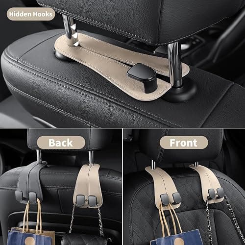 2 Pack KAFANLIN Car Headrest Hooks for Purses and Bags Cute Leather Car Seat Back Head Rest Double Hooks for Bags Cute Pink Beige Car Accessories Headrest Back Seat Handbags Hook (Beige 2 Pack) thumbnail 5