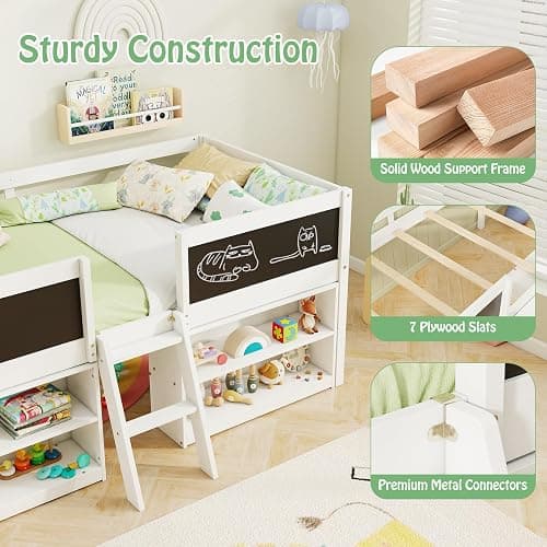 KOMFOTT Twin Size Low Loft Bed, Kids Loft Bed Frame with Movable Storage Shelves, Chalkboard & Ladder, Solid Wood Twin Bed with Under-Bed Play Area for Kids, Boys & Girls, No Box Spring Needed, White thumbnail 5