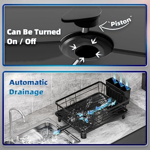GAOKASE Dish Drying Rack, Stainless Steel Space-Saving Dish Rack, Dish Racks for Kitchen Counter, Kitchen Dish Drainers with Removable Utensil Holder,New Drain Outlet,Plate Rack and Drainboard, Black thumbnail 9