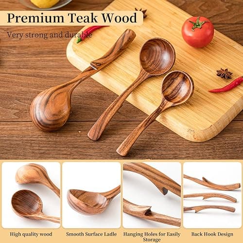 Gudamaye 3 Size Wooden Soup Ladles Set,3 Hooks for Bowl,Pot. Natural Teak Wooden Ladle,10.6 inch Big Soup Ladle, 9 inch Serving Spoon & 8 inch Wood Ladles for Cooking,Teak Deep Ladle Spoons thumbnail 4