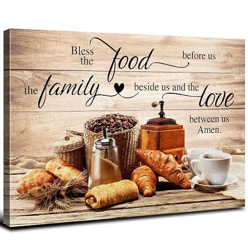Christian Wall Art Kitchen Wall Decor Bless The Food Quote Dining Room Pictures Rustic Coffee Art Wall Decor Farmhouse Canvas Prints Painting Family Artwork for Restaurant Home Decoration 12x16" - Image 1