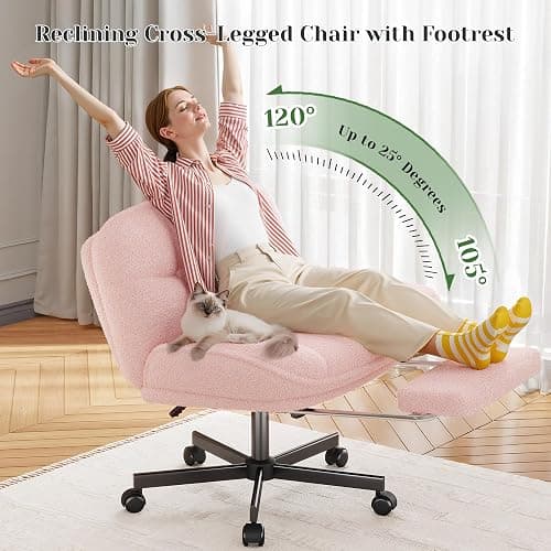 DurayLoly Cross Legged Office Chair with Foot Rest, 6.3" Thick Cushioned Criss Cross Chair with Wheels, Height Adjustable Swivel Vanity Chair for All-Day Comfort (Pink) thumbnail 5