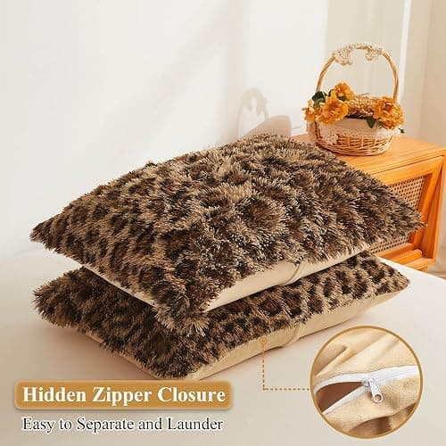 XeGe Cheetah Print Faux Fur Fluffy Pillowcases, Plush Shaggy Soft Long Pillow Covers, Fuzzy Decorative Leopard Print Pillow Cases, Furry Pillow Shams for Bed Couch Zipper, Set of 2(Standard, Brown) thumbnail 3