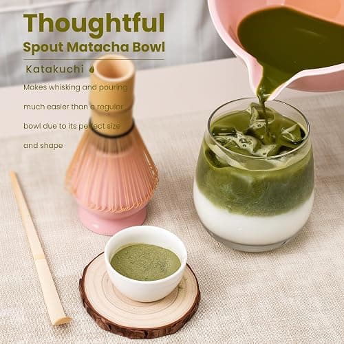 Matcha Whisk Set, Handcrafted Bamboo Chasen & Ceramic Bowl Matcha Kit,Complete 5 Pcs Pink Matcha Set Whisk and Bowl W/Stainless Steel Sifter,Bamboo Scoop & Holder for Matcha Tea Ceremony(Sakura Pink) thumbnail 4