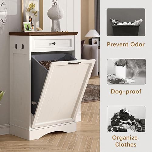NEWOWNDS Tilt Out Trash Can Cabinet 13 Gallon Hidden Trash Garbage Can Cabinet with Drawer,Waterproof Cutting Board,Pet Proof Hidden Garbage,Laundry Bathroom, White thumbnail 5