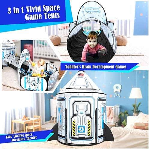 Kids Ball Pit for Play Tent: 3PC Rocket Ship Baby Gifts, Spaceship Tents and Crawl Tunnel for Toddlers, Astronaut Pop Up Playhouse Toys for Indoor Outdoor Games (White) thumbnail 5