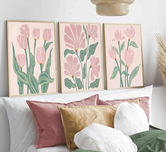 3 Pcs Pink Tulips Flowers Canvas Wall Art Boho Pink and Green Abstract Floral Botanical Paintings Pictures Wall Decor Poster Print Artwork for Living Room Bedroom Home Decoration Unframed thumbnail 5