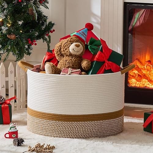 KAKAMAY Large Blanket Basket (20"x13"),Woven Baskets for storage Baby Laundry Hamper, Cotton Rope Blanket Basket for Living Room, Laundry, Nursery, Pillows, Baby Toy chest (White/Brown) thumbnail 2