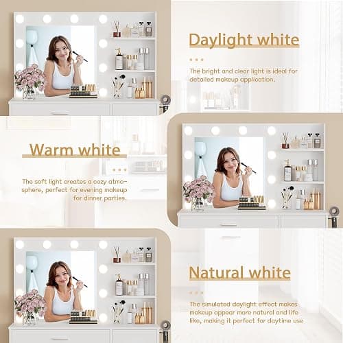 Furmax Vanity Desk with LED Lighted Mirror&Power Outlet, Makeup Vanity Table with 4 Drawers, 3 Open Storage Shelves, and 3 Color Modes, for Bedroom (Pure White) thumbnail 8