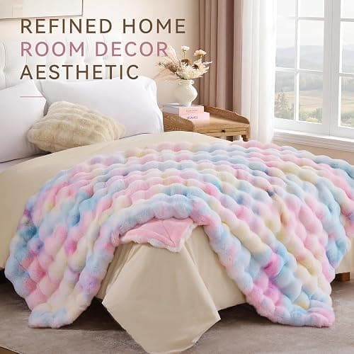 Smoofy Faux Rabbit Fur Throw for Couch - Rainbow Bubble Blanket 50"x60" | Fluffy Plush Fuzzy Colorful Throw for Sofa & Bed, Super Soft Cozy Comfort Blanket, Luxury Rainbow Decor Gift for Women thumbnail 9