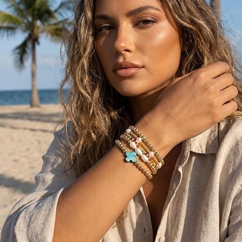 SHINUS BOHO 14K Gold Pearl Beaded Cross Bracelets Stack Set for Women,Stretch Boho Colorful Christian Beads Ball Jewelry Trendy Gift thumbnail 2