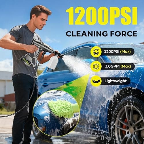 YKYI Cordless Pressure Washer, 1200 PSI Portable Handheld Power Washer | 30 Pressure Levels, Brushless Motor, 4000mAh Battery, 24FT Hose & 6-in-1 Nozzle for Car Wash, Driveway, Garden, Patio & Fence thumbnail 2