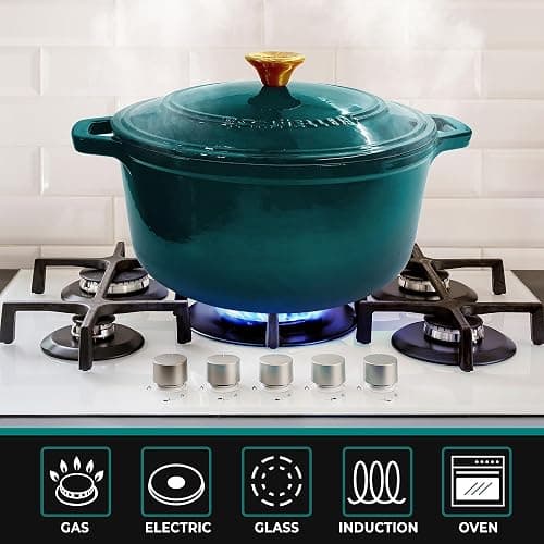 Mueller DuraCast 6 Quart Enameled Cast Iron Dutch Oven Pot with Lid, Heavy-Duty, Oven Safe up to 500° F & Across All Cooktops, Wedding Registry Ideas & Gifts, Emerald thumbnail 2