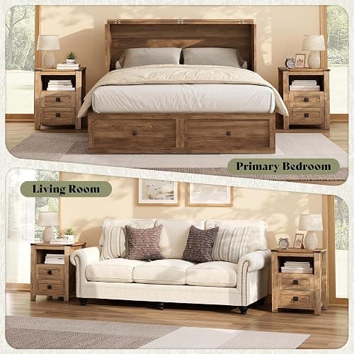 AMERLIFE 18" Farmhouse Nightstand Set of 2, Wooden Bedside Table with 2 Drawers & Open Shelf, Rustic End Table for Bedroom/Living Room, Barnwood thumbnail 7