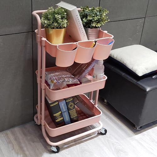 Lontenrea 3-Tier Multifunction Rolling Cart Utility Storage Shelves Cart with Hanging Cup Lockable Wheels and Handle for Office Living Room Kitchen Bathroom (Pink) thumbnail 4