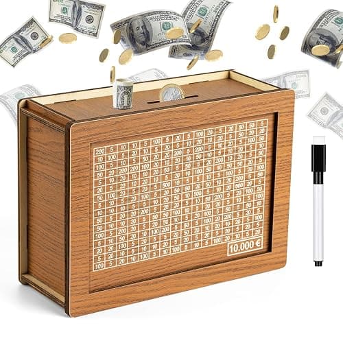 Tirelire en Bois avec Marqueur, 5000€ Tirelire avec Marqueur et Autocollants, Tirelire pour Objectif D'économie, Tirelire Réutilisable (500-10000€) - Image 1
