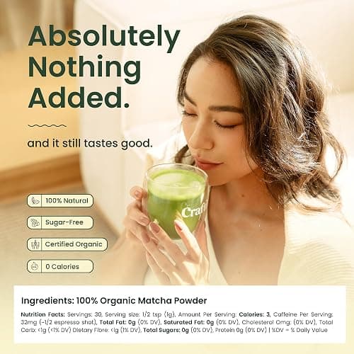 Crafti Ceremonial Grade Matcha Powder (Organic) - Unsweetened Authentic Japanese Daily Matcha Green Tea Powder from Uji, Kyoto for Barista-Grade Lattes (30g / 1.06oz) thumbnail 4