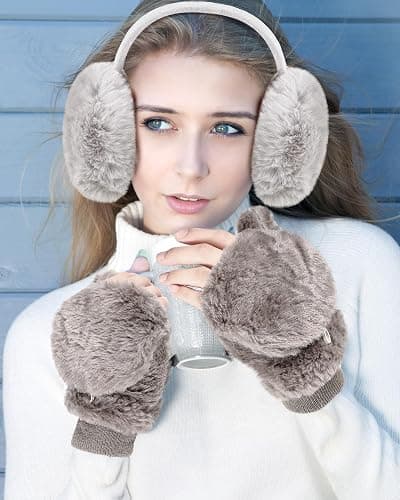 Jeere 4 Pack Winter Faux Fur Ear Muffs and Flip Mittens Set for Women Fingerless Gloves Fuzzy Ear Warmers Muffs Cover Outdoor thumbnail 5