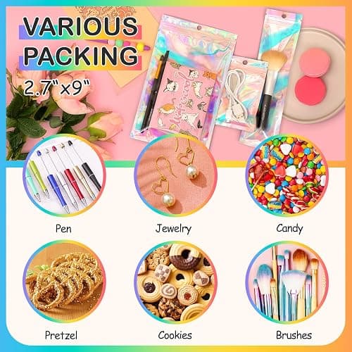 FUNFERY 100 Pack Holographic Bags Clear Window Resealable Bags for Candy Party Favor, Mylar Zipper Bag Stripping Foil Pouch Packaging Bag for Pen,Jewelry,Brushes Small Business Supplies(2.7x9in) thumbnail 5