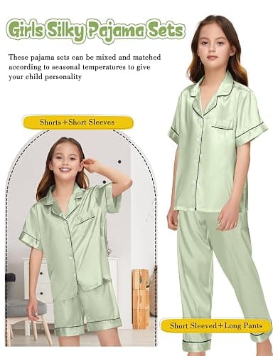 ALHAVONE Silk Pajamas for Girls Satin Pajama Kids 3 Pieces Short Sleeve Girl Button-down Pjs Shorts Pants Sleepwear thumbnail 4