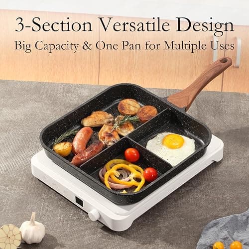 ESLITE LIFE 11 Inch Nonstick Divided Grill Pan for Indoor Cooking, Versatile 3-In-1 Induction Large Breakfast Pan for Stove Tops, PTFE & PFOA Free, Black thumbnail 2