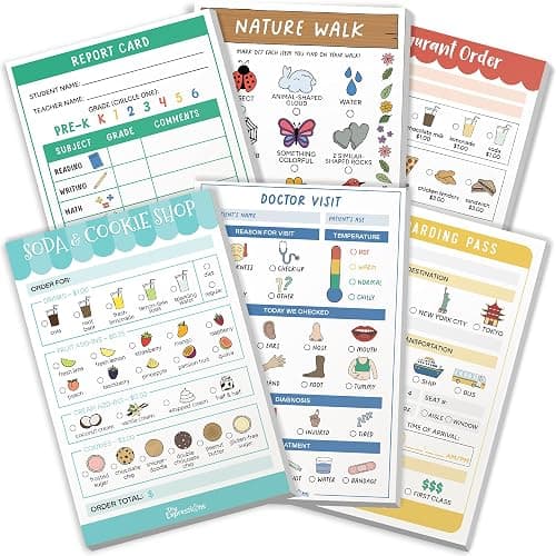 Tiny Expressions Pretend Play Notepads - 6-Pack Kids Play Pads | 40 Pages Each of Restaurant, Doctor, Boarding Pass, Report Card, Nature Walk & Soda Shop for Imaginative Role Play - Image 1
