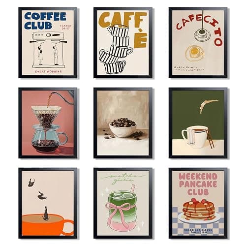 XYHYRA Coffee Wall Art Set of 9, Vintage Coffee Bar Canvas Prints Poster, Cafe Club Matcha Latte Pancake Kitchen Artwork Wall Decor for Coffee Bar Dining Room Home Decor 8x10 Inch Unframed - Image 1