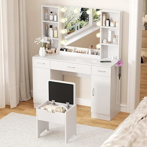 Vabches Makeup Vanity Table with Lighted Mirror & Power Strip, Large Vanity Set Vanity Desk with Storage Stool, 3 Lighting Modes, Brightness Adjustable, 45.2in(L) thumbnail 6