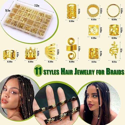 SVNMU 280 Pcs Gold Hair Jewelry for Braids Dreadlock Locs Metal Hair Clips Accessories for Women,Adjustable Hair Cuff Coils Rings Charms Braiding Decoration thumbnail 2