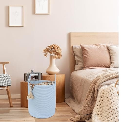 XUANGUO Cotton Rope Laundry Basket Hamper for Clothes Woven Storage Basket for Living Room Bedroom Boho Tall Rope Baskets for Blanket Toys Pillow Towels Baby Nursery Hamper Bin light blue thumbnail 5
