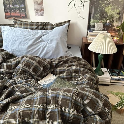 MKXI Buffalo Plaid Duvet Cover Twin XL - 3 Piece Washed Cotton Bedding Set, Blue Brown Green Vintage Aesthetic, Soft Breathable with Zipper Closure thumbnail 9