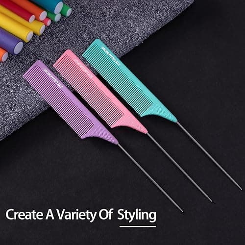 Goodofferplace 3 PCS Rat Tail Combs with Metal Pick for Braiding,Parting | Parting Rattail Teasing Comb,for Women Girls Curly Hair Detangling,Fine Tooth Comb for Salon Styling Tool(Pink Purple Green) thumbnail 7