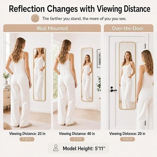 SCWF-GZ 47x14 Full Length Mirror Over the Door Hang or Wall Mounted Gold | HD Clear Tempered Glass,Aluminum Frame Rect Full Body Dressing Make-up Mirrors for Bedroom,Bathroom, Entryway,Living Room thumbnail 4