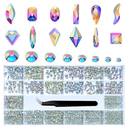 Glass Crystal AB Nail Jewels & Flatback Rhinestones Kit - Multi Shape Nail Gems & Diamonds 3D Charms with Wax Pencil & Tweezers - Image 1