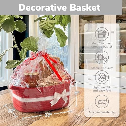 CHICVITA Small Woven Rope Gift Basket, Decorative Burr Basket, Red | 13" x 10" x 5" Storage Baskets for Toys & Baby Essentials, Fits Nursery & Bedroom Organization, Built-In Handles, Bow Design thumbnail 6