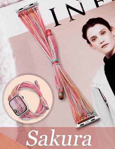 JR.DM Boho Watch Bands Compatible with Apple Watch 40mm 41mm 38mm 44mm 42mm 45mm 46mm Women, Cute Handmade Friendship Bracelet Hippie String Art for iWatch Series SE/11/10/9/8/7/6/5/4/3/2/1 thumbnail 3