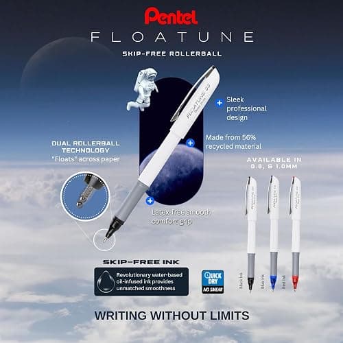 Pentel Floatune Ultra Smooth Writing Rollerball Pen, Everyday Writing, Office Supplies, School Supplies, 0.8mm Bold Point, Black Ink, BY108-A, Box of 12 thumbnail 8