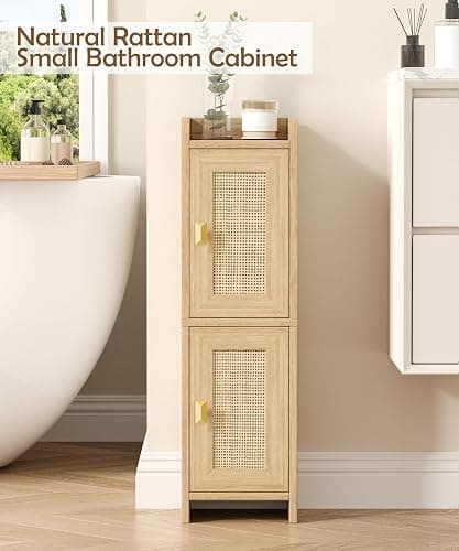 Akxomel Rattan Small Bathroom Cabinet with 2 Doors, 7.9''D x 7.9''W Narrow Toilet Paper Storage Cabinet, Bathroom Organizer for Small Spaces, Wooden Slim Corner Unit with Adjustable Shelf, Natural Oak thumbnail 3