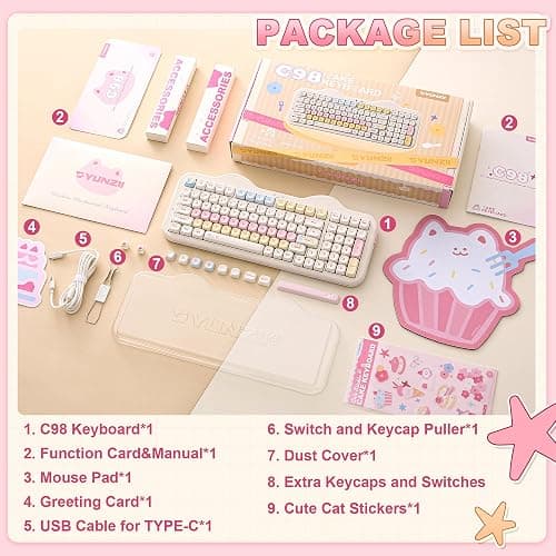 YUNZII C98 Drahtlose Mechanische Tastatur mit Nummernblock,BT5.0/2,4G/USB-C,Hot-Swap Gasket Mount,PBT MOA-Tastenkappen,RGB, Niedliche Kuchen Tastatur für Windows/Mac (Beige, Milk V2 Linear Switch) thumbnail 9