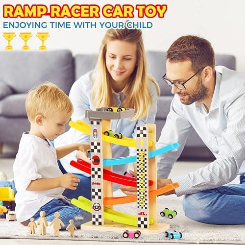 Belleur Montessori Toy for 1-3 Years Old Boys and Girls, Kid Race Track Car for Toddlers with 5 Mini Cars & 5 Ramps, Wooden Montessori Car Ramp Toy Set for Babies' Birthday Gifts, Visit Gifts thumbnail 6