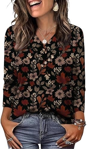 WIHOLL Long Sleeve Shirts for Women Fall Outfits V Neck T Shirts Button Down Tunic Tops Fashion Clothing thumbnail 3