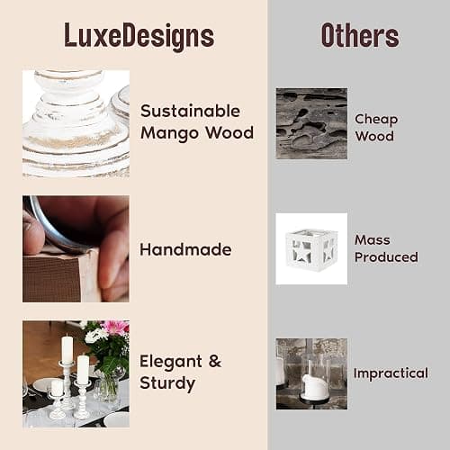 Large Candle Holders for Pillar Candles - Rustic Farmhouse Style Home Decor - Perfect for Table Centerpieces, Coffee Table or Fireplace Mantel - 3 Piece Set - White thumbnail 3