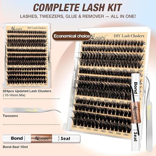 AILAISHI Lash Clusters Kit, DIY Cluster Eyelash Extensions 9‑16mm, 60D+80D+100D, 224pcs Fluffy D Curl Natural Lashes with Bond & Seal,Tweezers,Brush,Fake Cat Eye Individual Clusters thumbnail 2