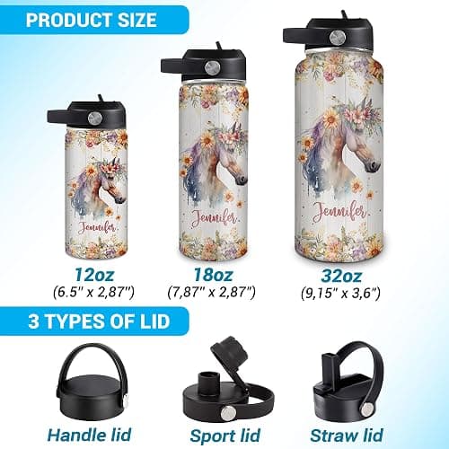 Hyturtle Personalized Horse Water Bottle - Custom Name Insulated Stainless Steel Bottle with Leak-Proof Lid 18oz 32oz - Animal Lover Gift for Women Girls Horse Lovers - Birthday & Christmas Gift thumbnail 5