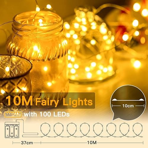 Ollny Fairy Lights Battery Operated - 10m 100 LEDs Christmas String Light for Bedroom, Waterproof Micro Cooper Wire Light for Indoor/Outdoor/Outside/Bottle/Tree Decorations (Warm White) thumbnail 2