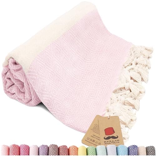 Bazaar Anatolia Turkish Beach Towel – 100% Cotton, Quick Dry, Sand Free Towel for Bathroom, Camping, Travel – Oversized 71x39 Inches – Diamond Pink - Image 1
