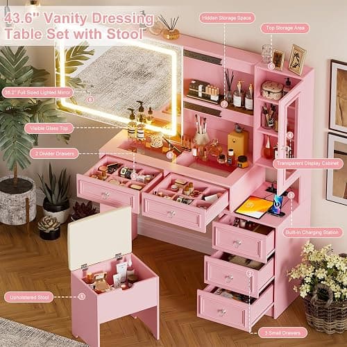 SDMY Vanity Desk with Mirror and Lights, Makeup Vanity Set with 5 Storage Drawers,Power Outlet,Small Dressing Table with Lights 3 Colors,Transparent Top Vanity with Jewelry Organizer for Bedroom,Pink thumbnail 7